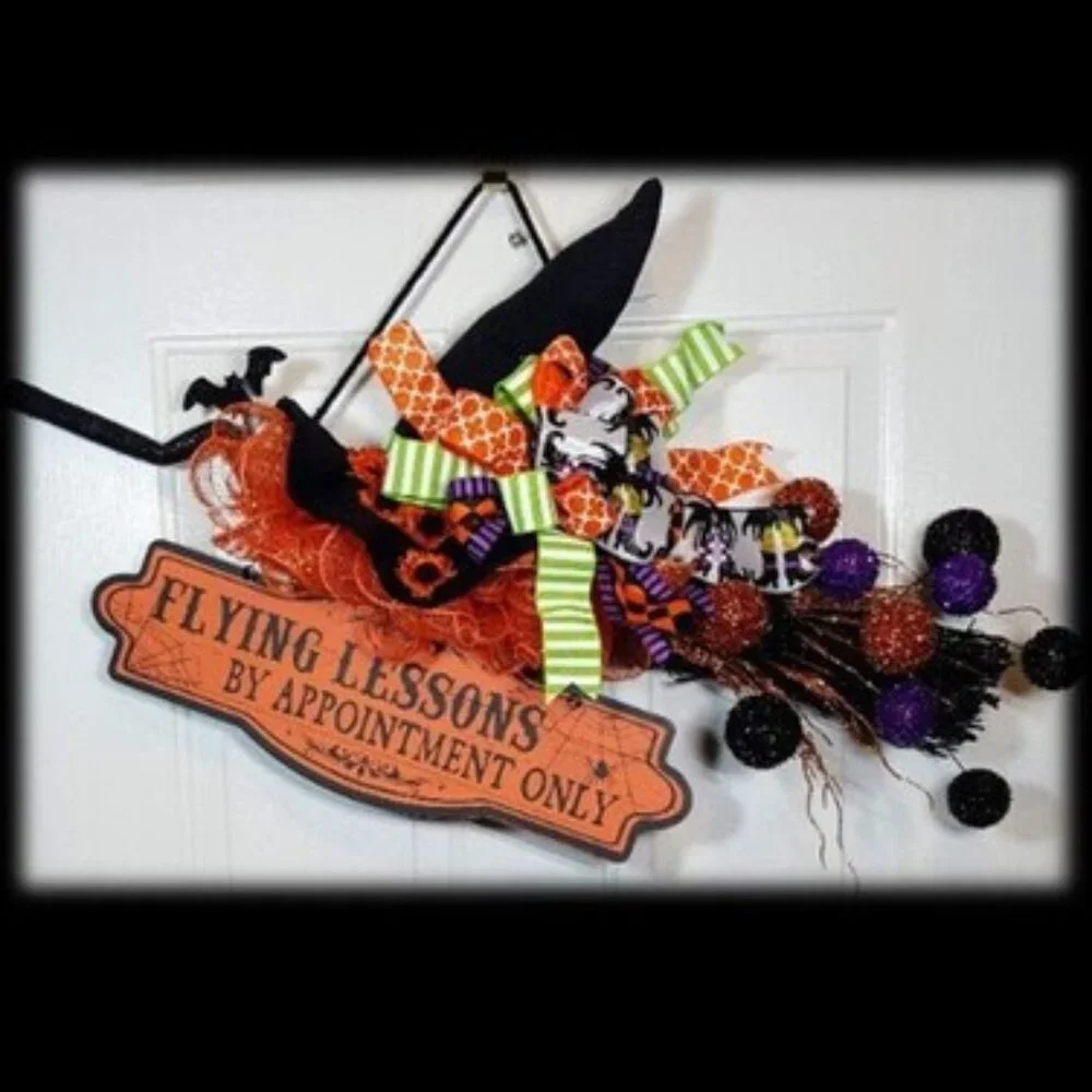 Witch's Flying Broom Stick Halloween Wreath, Flying Lesson Broom Wreath